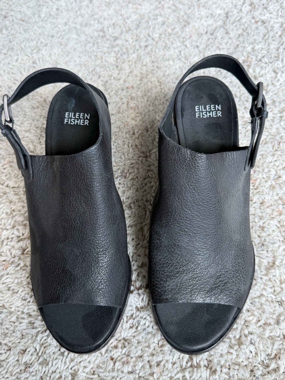 Eileen Fisher Black Leather Open-Toe Slingback Mules